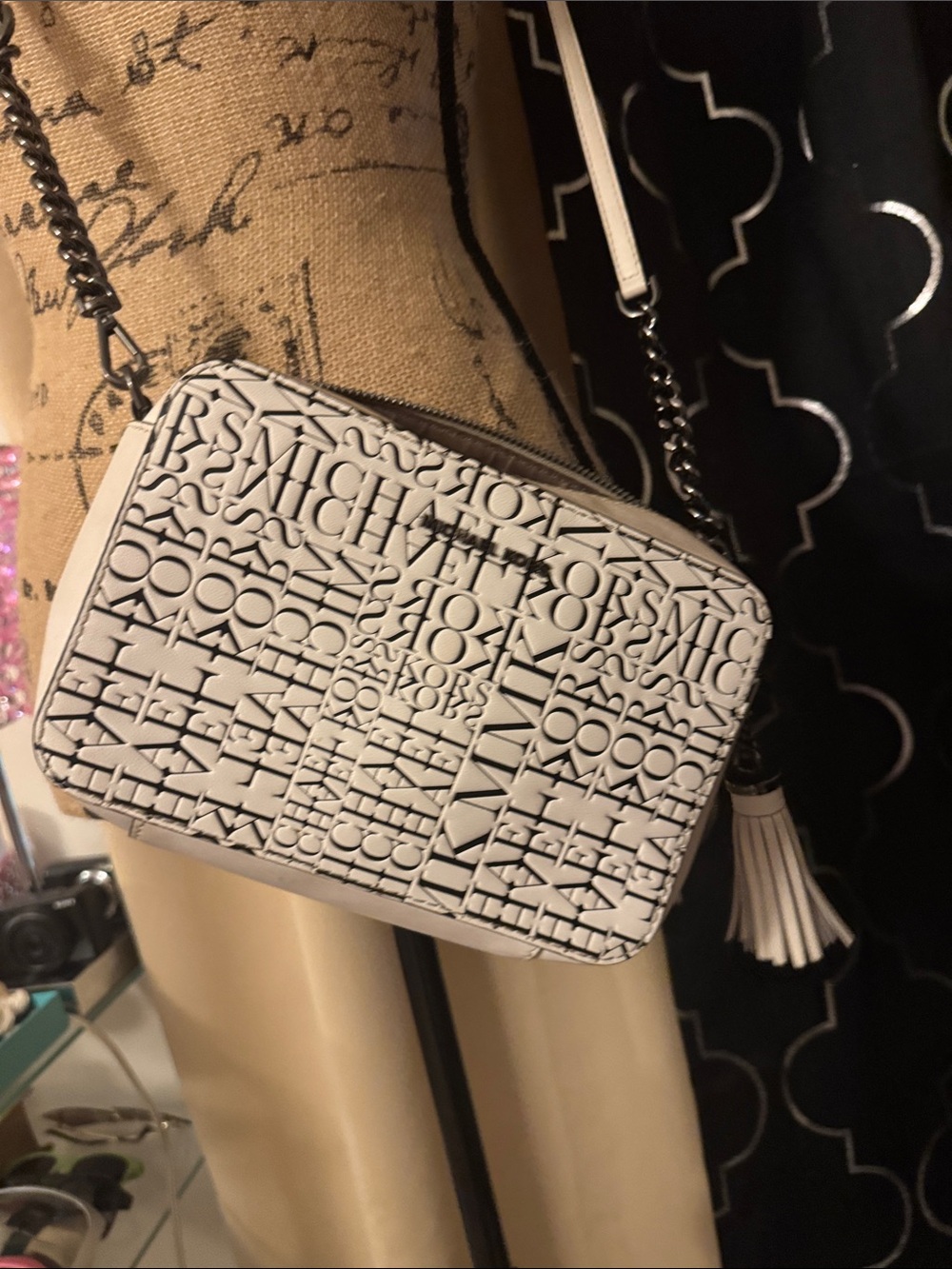 Michael Kors White Logo-Embossed Crossbody with Tassel
